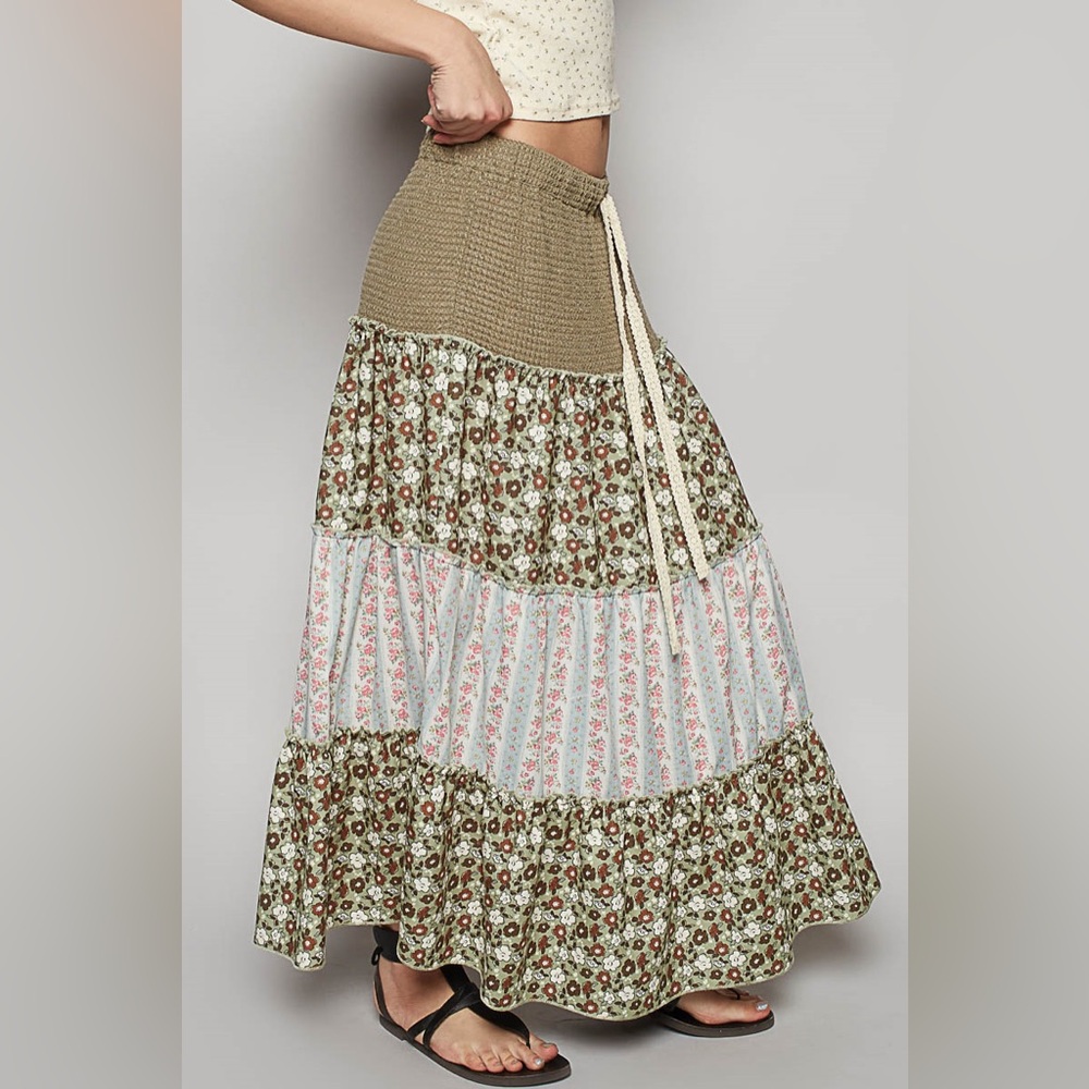 POL Boho Maxi Skirt in Olive Green Floral Patchwork with Cream Waist Tie